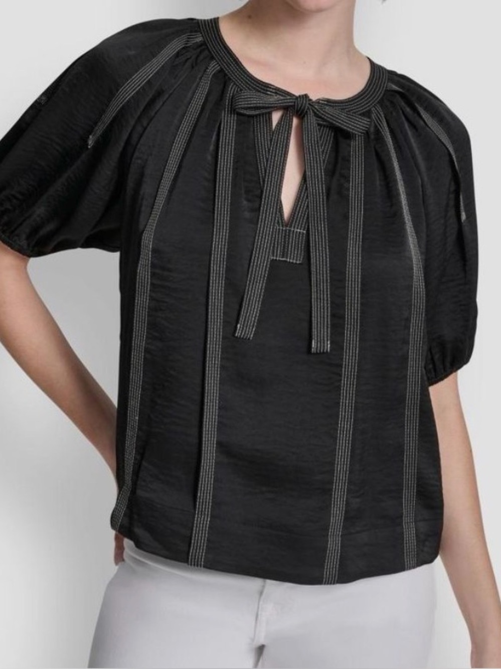 Dkny Black Short-Sleeve Tie-Neck Blouse